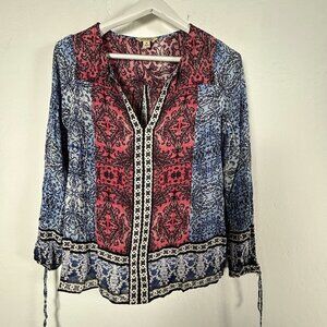 Lucky Brand Top Womens Medium Blue Floral Boho Peasant Long Sleeve Casual Blouse
